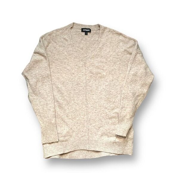 Express Sweater Heather Oatmeal Beige V-Neck Neutral Knit Pullover Wool Blend XS - Picture 7 of 11